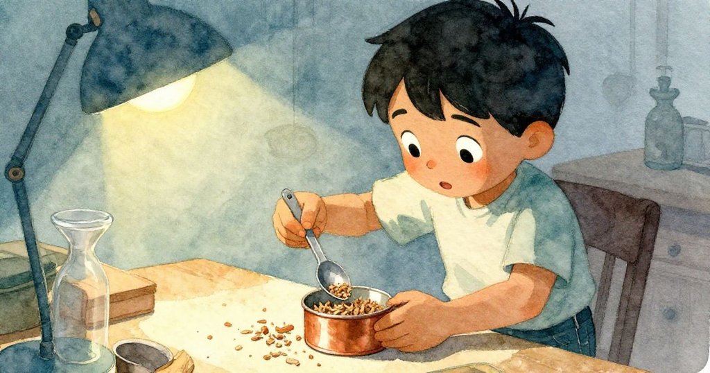 Trent專注地用量匙舀取鋸末，放入銅罐中，手部動作清晰呈現，工作台背景柔和燈光映襯，神情認真。