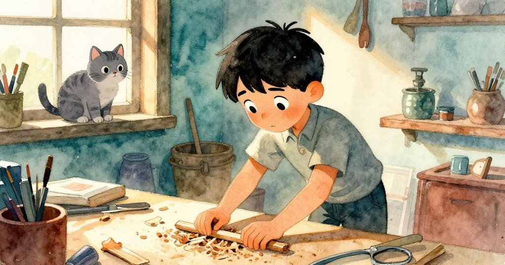 Trent專心指揮鋸末落位，視線專注，背景窗台上灰色虎斑貓好奇觀看，層次分明，柔和黃光輕映。