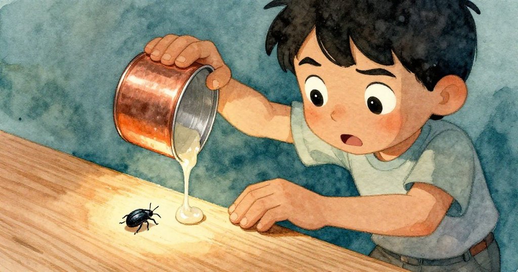 Trent焦急快動作用罐子擋膠水滴，專注神情中，一隻小黑甲蟲悄然滑走，木框與膠痕細節清晰。