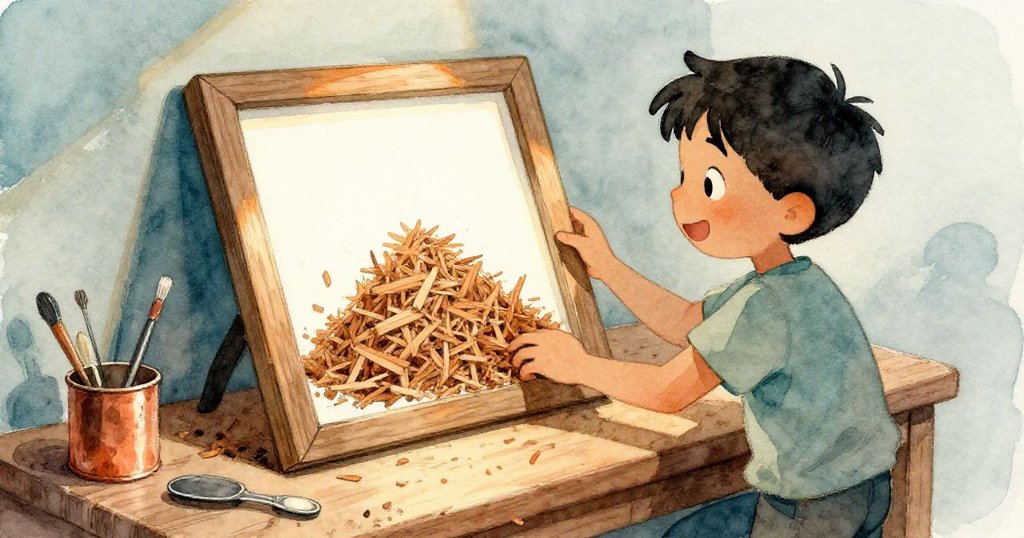 Trent滿意微笑欣賞完成畫框，混合木屑堆成波狀，工作台散落銅罐及鋸末，溫暖喜悅氣氛。