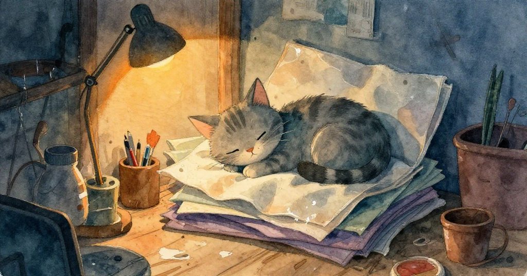 黃昏時分工作坊靜謐，灰虎斑貓安睡於碎布堆上，殘留膠線與散落物品見證Trent一天的忙碌與寧靜。