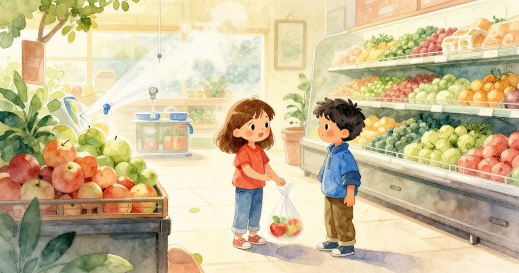 在溫暖市場中，Gemma 和 Nolan 站在貨架前，注視著只有一側有蘋果的薄塑膠袋，整體氣氛溫馨且充滿期待