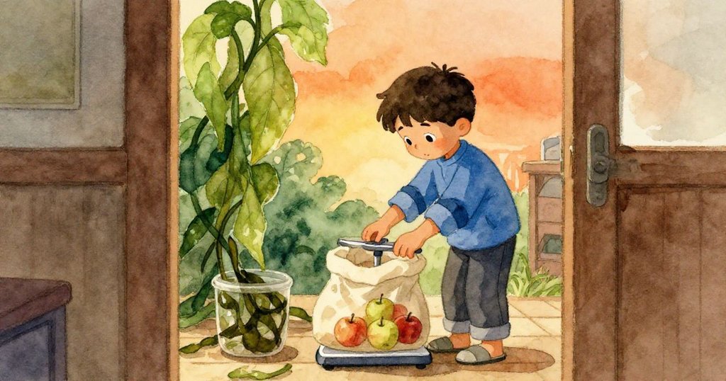 透過半開的門觀看，Nolan正調整秤盤，袋中蘋果與海藻形成鮮明對比，場景充滿溫暖夕陽光芒