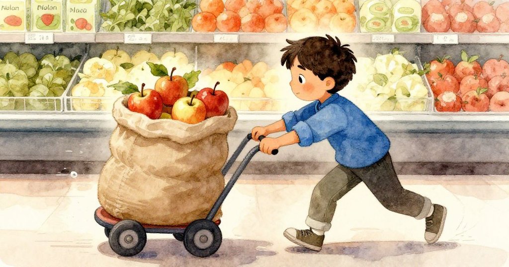 Nolan迅速穩住因車輪抽動而傾斜的雙層袋，袋中蘋果與海藻並存，動作果斷背景隱約顯示移動軌跡