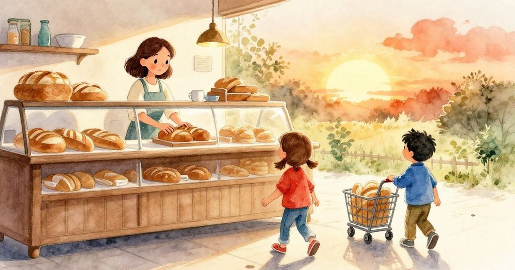 在溫暖的烘焙區，母親輕敲著酥脆的麵包，Gemma與Nolan推著滿載物的購物車微笑前行，結尾溫馨感人