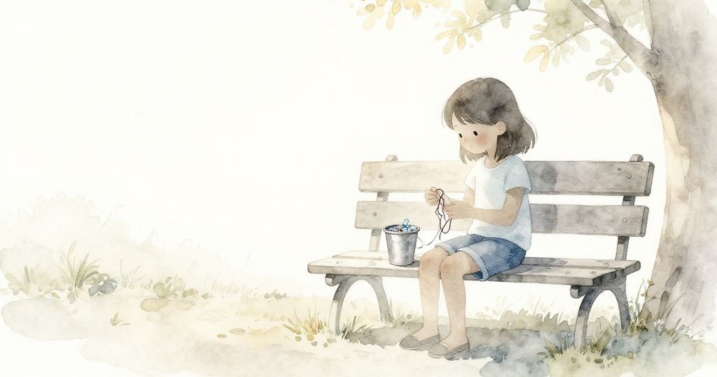 塔拉坐在陰影中長椅上，杯中玻璃珠隨步聲輕響，輪廓鮮明，開始她精緻手作的冒險。