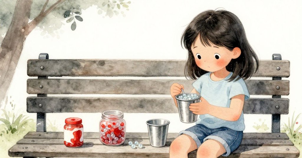 塔拉凝視著杯中發亮的玻璃珠和果醬瓶，背景空白突出細節，表情認真，展現工藝準備。