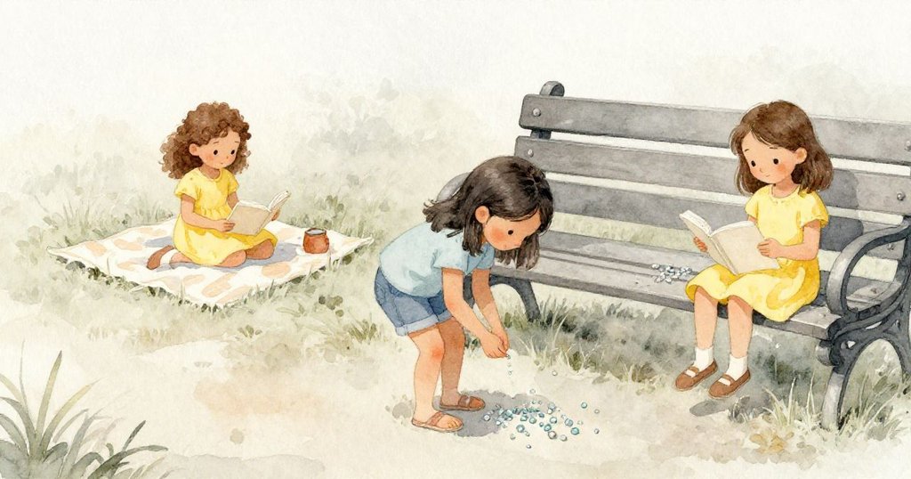 透過塔拉的背影看她彎腰撿拾掉落的玻璃珠，旁邊的六月安靜閱讀，溫柔陽光灑下，展現互動。