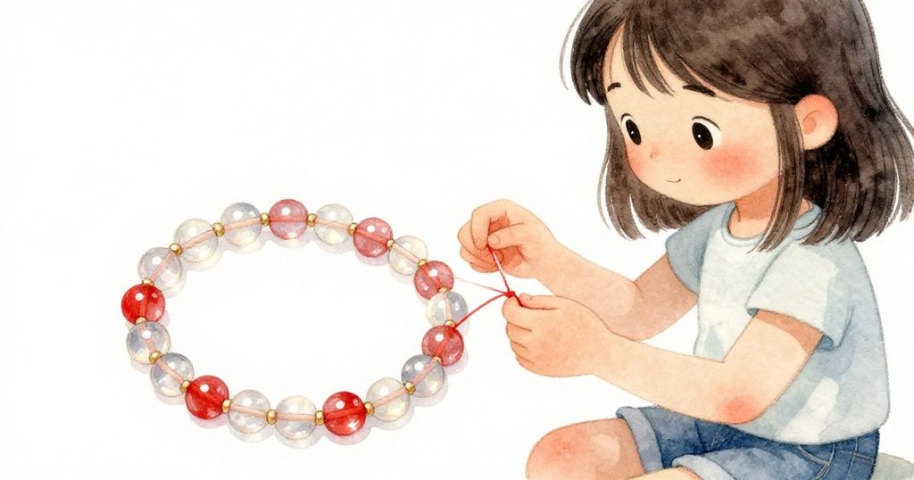 塔拉停下手中活，對著手腕比較未完成的玻璃珠手鍊，陽光映照下細節閃爍，驚喜而專注。