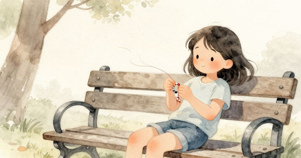 塔拉在靜謐的長椅旁卸下完成的手鍊，輕撫膝上的玻璃珠，神情平靜滿足，結束一天精心創作。