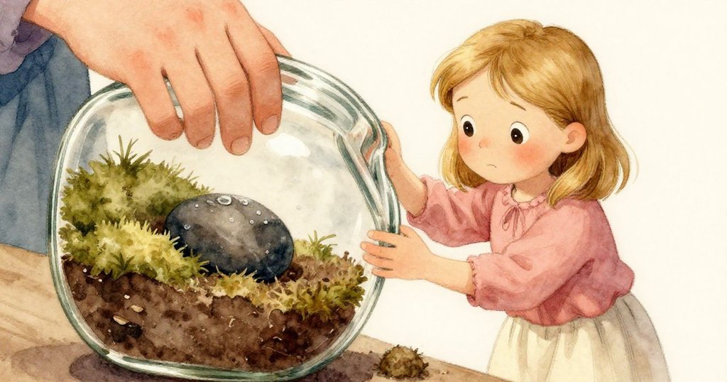 Hope輕輕傾斜玻璃罐, 特寫呈現內部整齊土壤與青苔, 冷凝薄霧中石子閃爍, 氣氛細膩轉變。