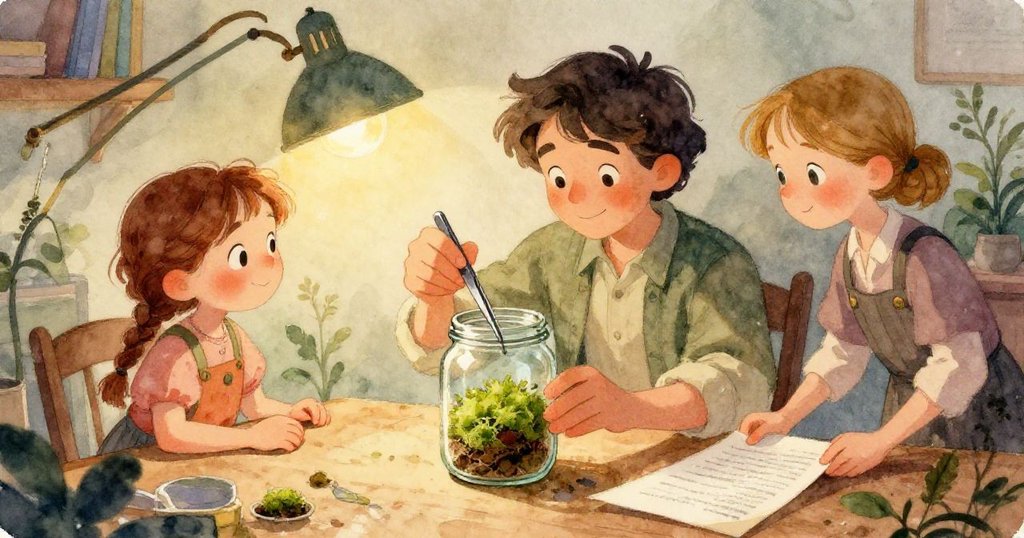 從小甲蟲視角看見, 玻璃罐內石子輕觸蕨葉, 土與青苔細微移動, 敘事情節幽靜展開。