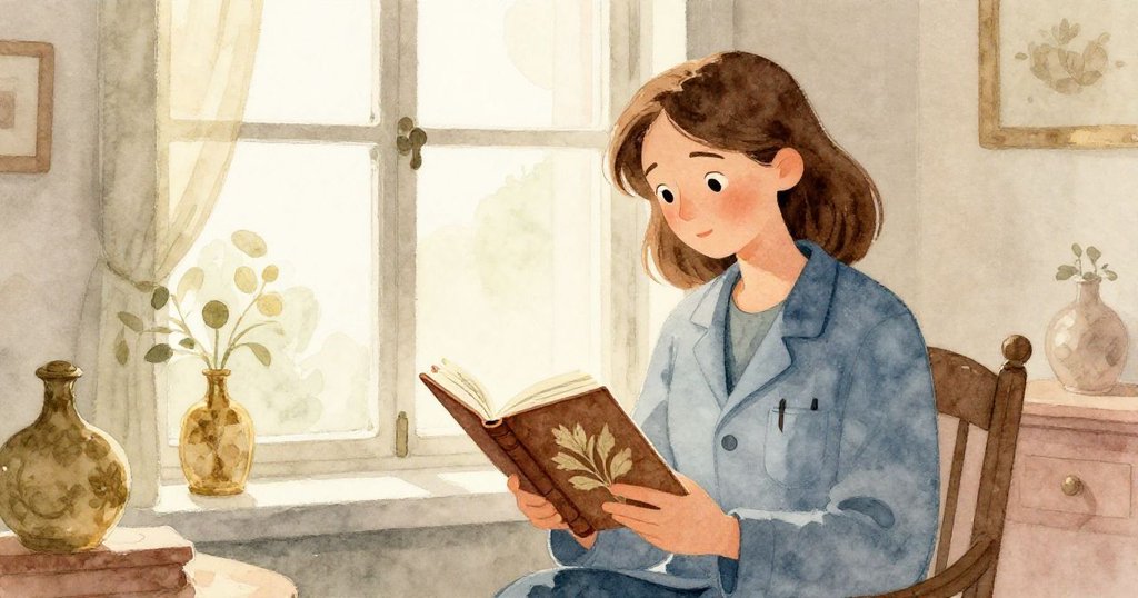 Nina坐在窗邊閱讀植物誌, 陽光溫暖灑入室內, 臉上流露平靜專注, 故事進入新情境。
