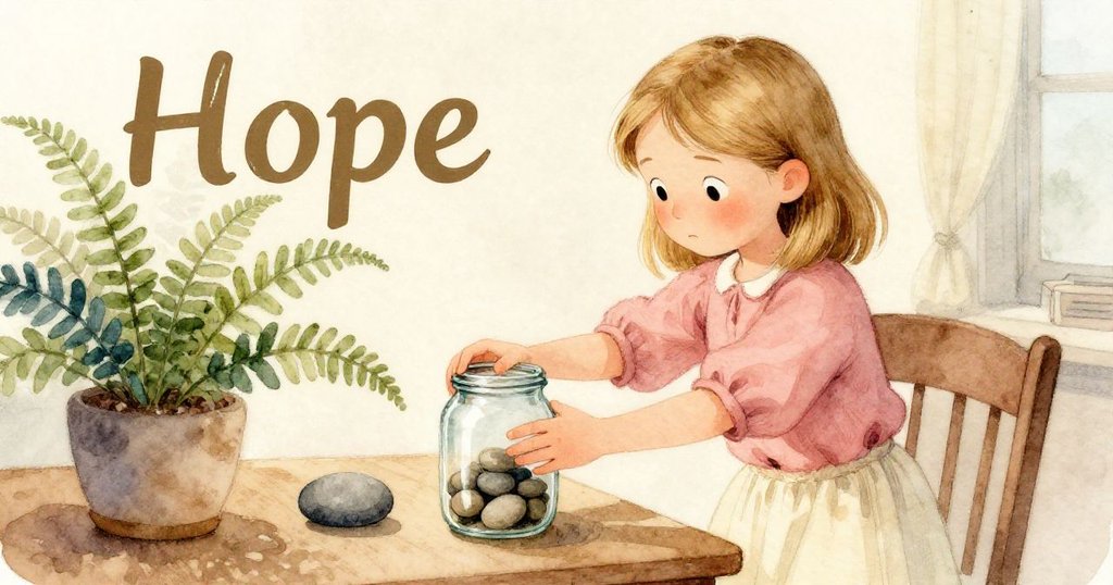 Hope靈巧調整玻璃罐, 手法讓石子輕觸蕨葉, 動作中展現決心與溫柔, 情節逐步推進。