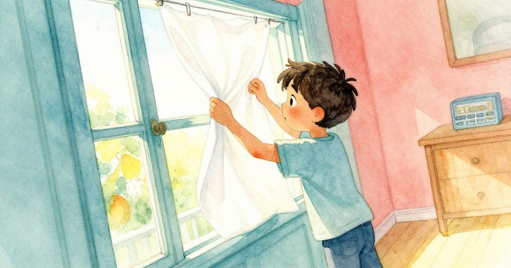 Bram在明亮房間中調整白布，發現鬆動釘子，傾斜構圖呈現動感與神秘氛圍，臉上充滿專注。