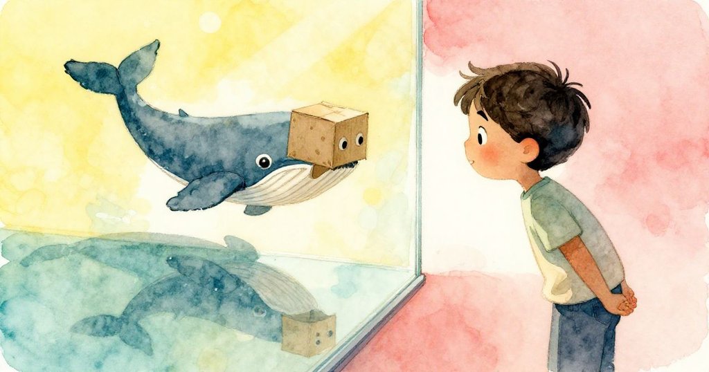 Bram注視白布與玻璃上飄動的木偶影子，光影交錯呈現奇妙反射，整體場景充滿神秘與靜謐之美。