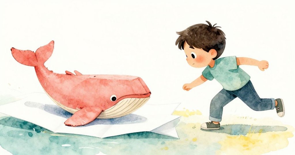 Bram緊張又俏皮地跟隨滑動的木偶，折痕如波浪般展現挑戰瞬間，動作與情感在陽光下清晰呈現。