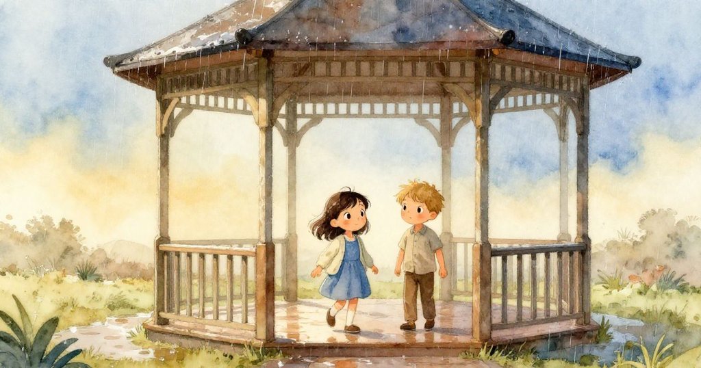 Keira 與 Rafe 雨後走入涼亭,濕潤卻閃耀的石子路和柔光營造出期待與寧靜的情境。