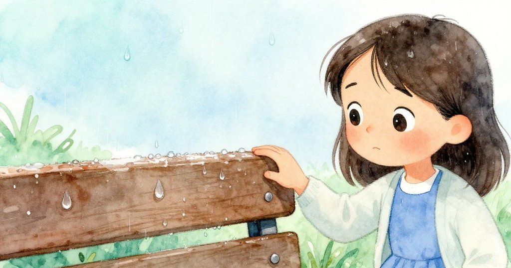 Keira 靠近長椅,輕觸潤濕木紋,水珠閃爍映出她專注與好奇的眼神。