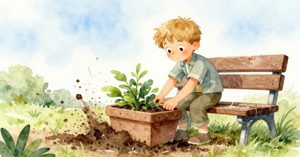 從低角度看見 Rafe 穩固花盆,泥土輕移中展現出專注與堅決的神情。