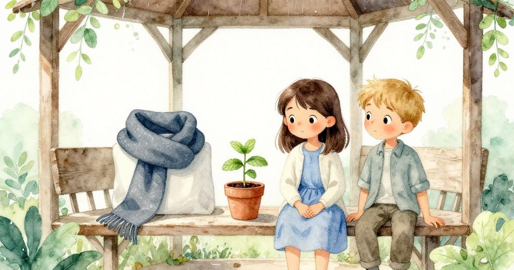 在涼亭內,Keira 整理藍灰色圍巾,花盆中薄荷苗挺立,兩人默契合作展現細膩關懷。