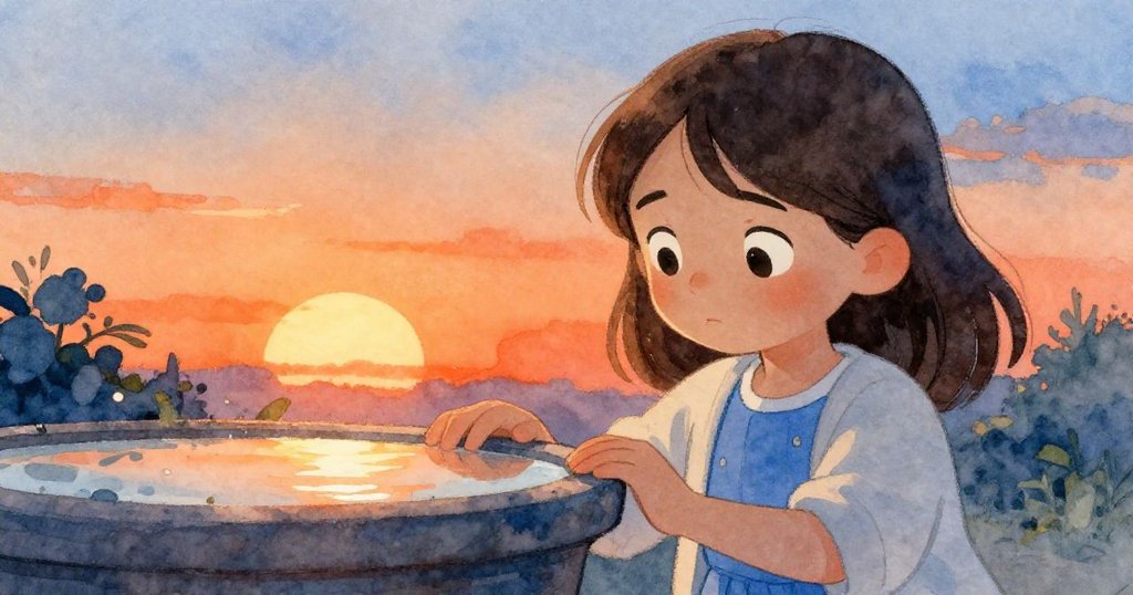 Keira 靠近花盆邊緣,細緻觸摸間流露思索與決心,內心掙扎映出溫暖夕光與淡藍輝光。