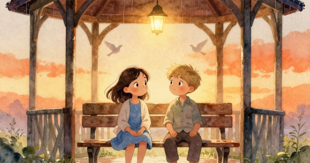 Keira 與 Rafe 在夕陽柔光下靜坐長椅,共享寧和時光,背景中鴿子輕舞與燈光微映。