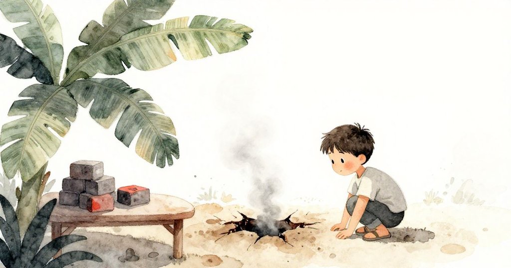 Kent在戶外食物桌旁蹲下,仔細觀察從土中裂縫中冒出的細蒸汽,背景中香蕉葉隨風輕舞,神秘氛圍中帶有專注情感。