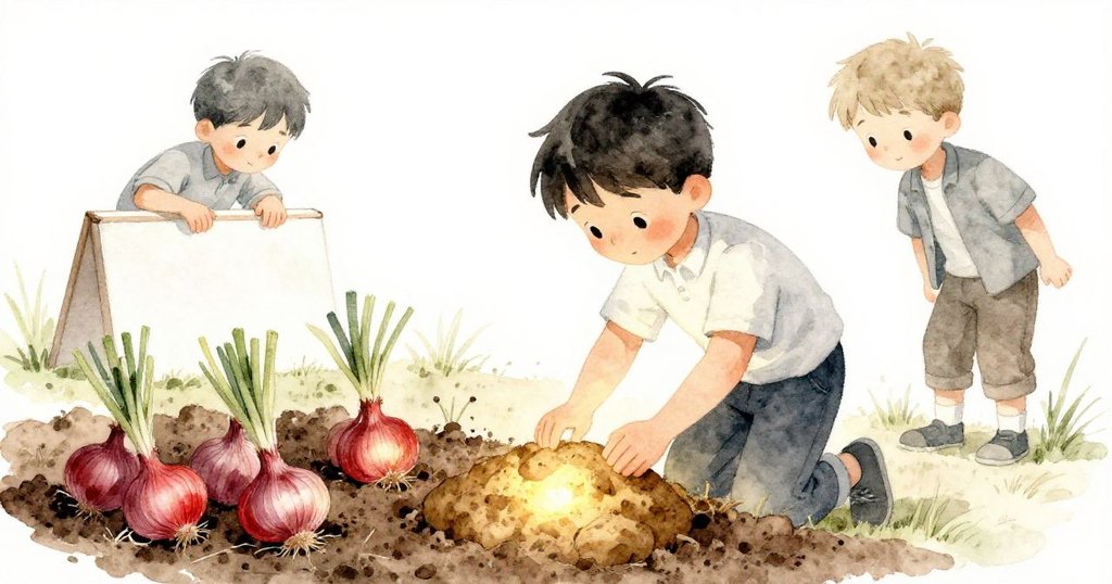 Kent忙著用板子處理土壤,旁邊排列整齊的葉包洋蔥和微光土堆形成鮮明對比,Ulric靜靜旁立注視,呈現專注與平靜互動。