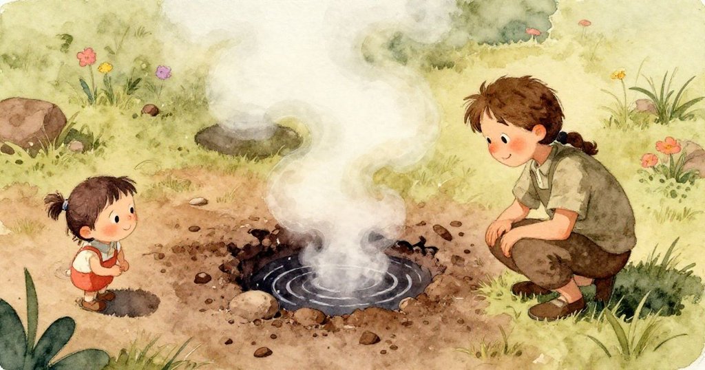 Kent的手伸向細微裂縫上方,從中透出柔和光芒與散逸蒸氣,展現出他好奇與專注的神情,細節豐富。