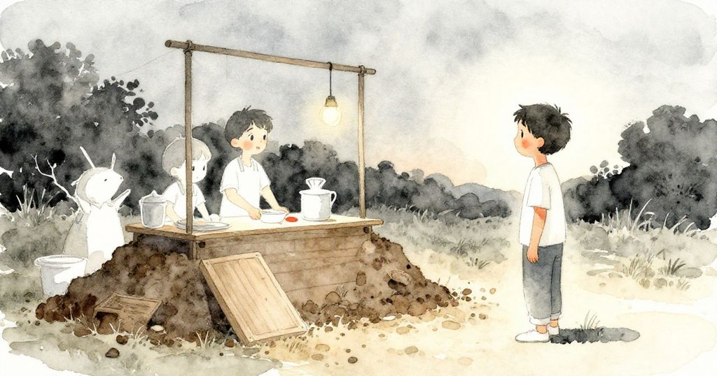 傍晚柔光中,Kent靜立觀察漸暗的土堆和周圍工具,場景充滿反思與平靜,夕陽改變環境色調,情感細膩轉折。