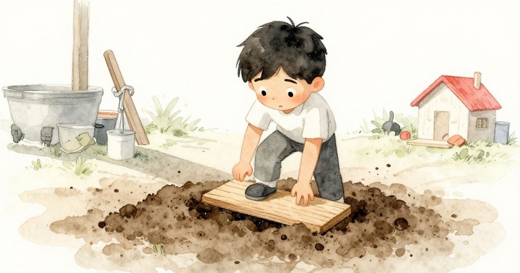 Kent奮力用靴子與板子壓迫土堆,面露堅定專注神情,努力控制蒸氣逸出,畫面充滿動感與挑戰。