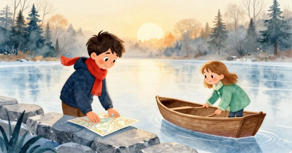 Warren握著海圖,Lily在旁輕觸木船,晨光下冰面與石邊交織出冒險氛圍和微霧。