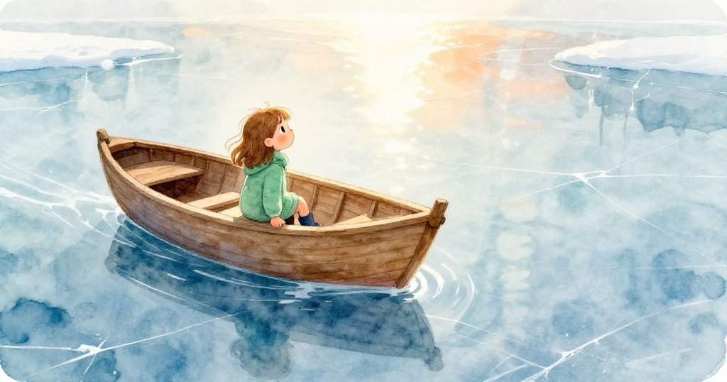 Lily凝望冰面反射中的木船,薄融水流過冰面,晨光與陰影營造奇幻景致。