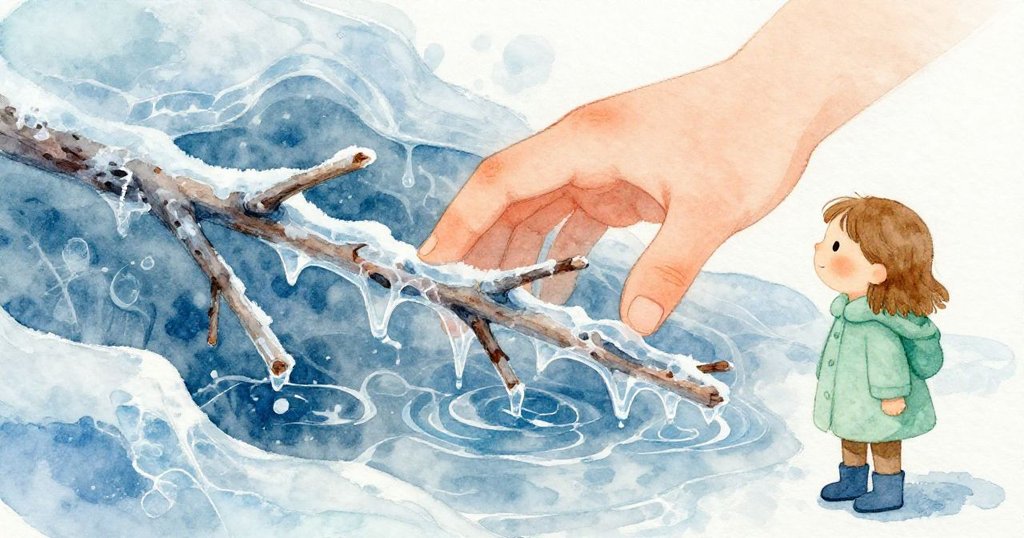 通過半透明冰層觀察,Lily輕撥凍水中靜止小枝,臉上流露出驚奇與專注。