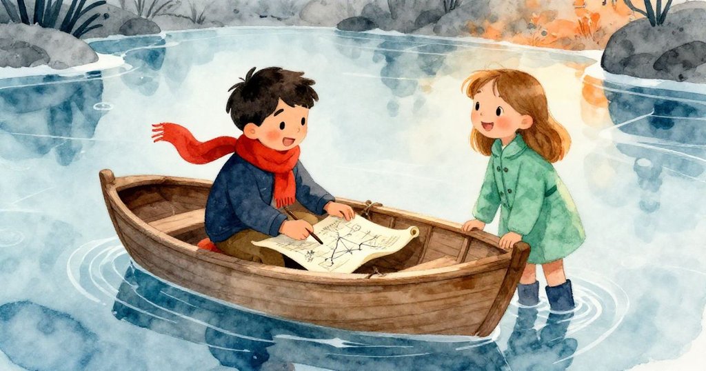 Warren採用小枝勾勒新航線,海圖角翻舞於冰上,Lily微笑見證冒險轉折與希望。