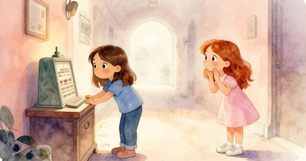 Nora 和 Darla 在清晨薄霧中走入走廊，Nora 好奇地探向老舊郵票站，而 Darla 靜靜旁觀，表情期待溫柔。