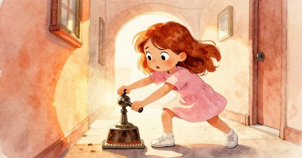 在走廊中，Darla 輕巧旋轉郵戳，仔細印出隱藏碼頭場景，背後傳來遠處遊客腳步聲，顯露專注與緊張。