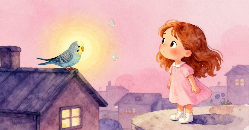 在柔和燈光下，Darla 靜靜凝視一顆幻化成小鸚鵡形狀的滴水，細膩情感與夢幻畫面交織，畫面充滿詩意韻味。