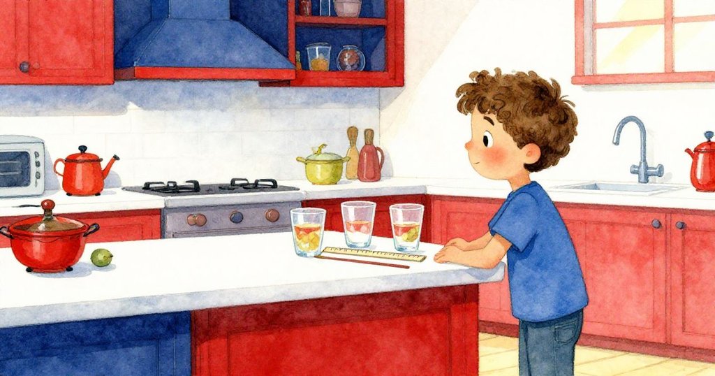 莫里茲在溫暖廚房中注視排列整齊的杯子和尺子，神情好奇準備開始實驗，陽光柔和灑落桌面。