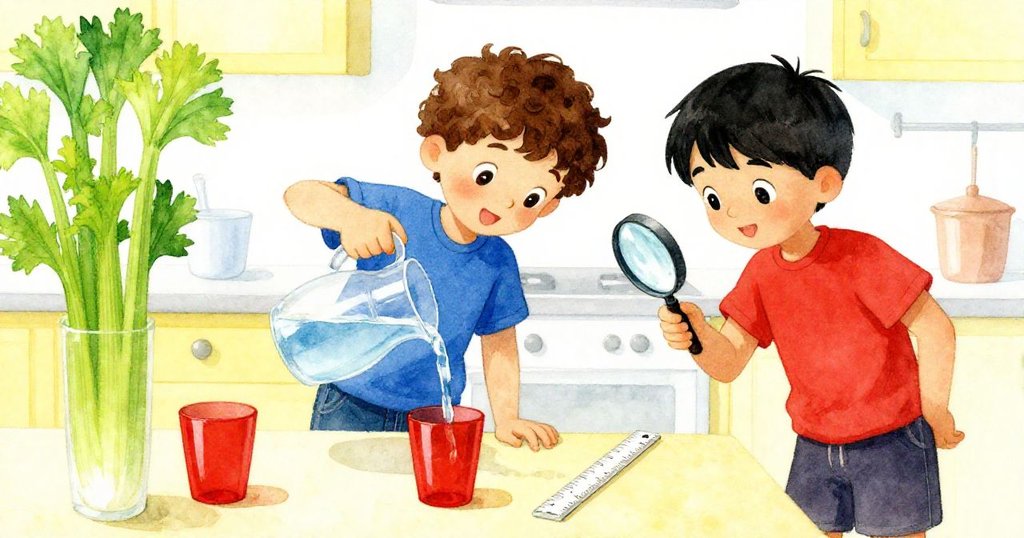 莫里茲舉起水壺傾倒水流，贊德用放大鏡檢查刻度，紅杯和芹菜呈現鮮明色彩對比，廚房生動。