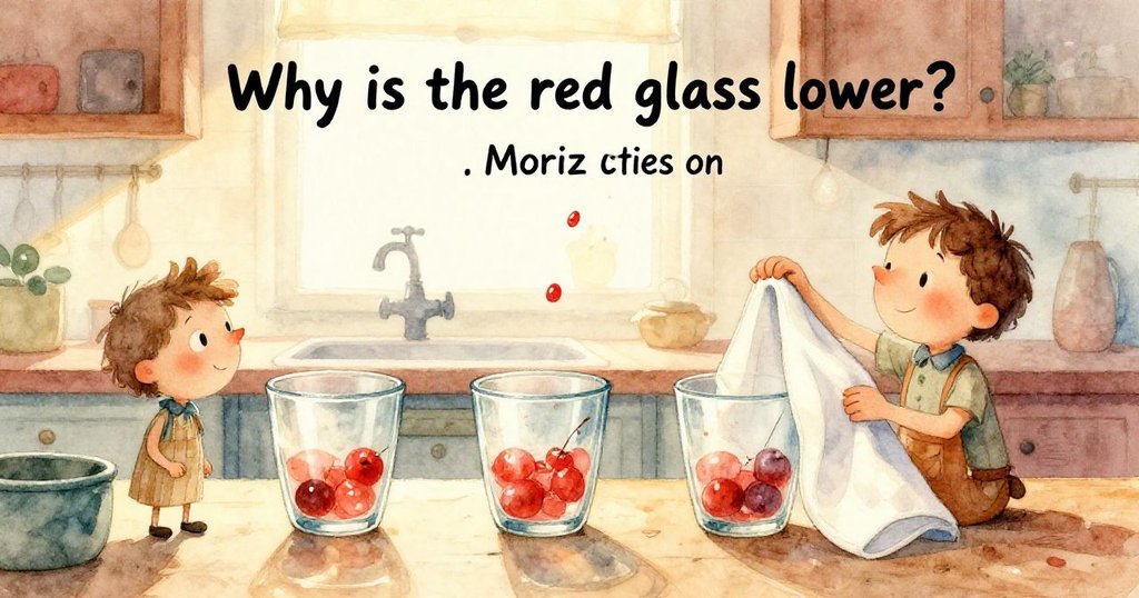 水流扭曲成超現實幾何形狀環繞紅杯和尺子，廚房檯面上明暗交錯，水紋展現魔幻氣息。