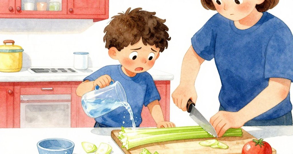 莫里茲倒水過程中停頓，凝視水位露出矛盾神情，背景家長細心切芹菜，廚房光影柔和展現緊張氣氛。