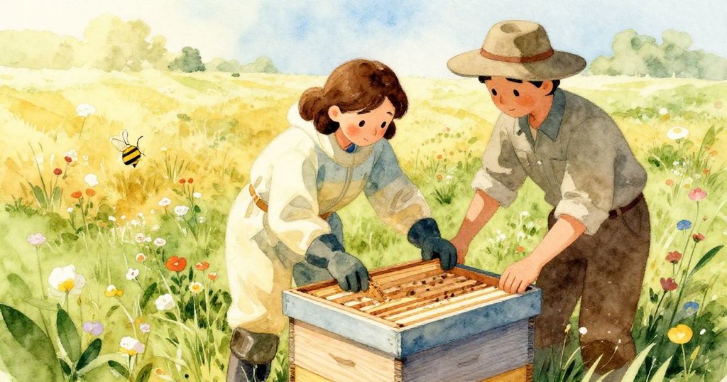 Alma在陽光田野中小心取出蜂箱木框，成人養蜂人緊隨其後，背景充滿野花與朝陽，情景充滿溫暖希望