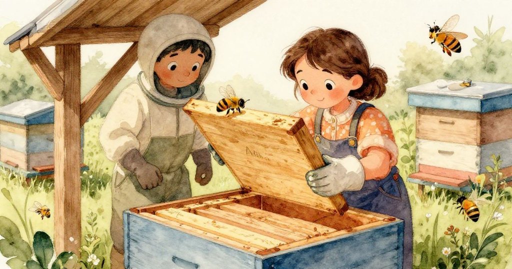 Alma的手套輕觸帶有刮痕的木框，濃稠蜂蜜緩緩滴落，細膩展現出工作中的溫暖與細節