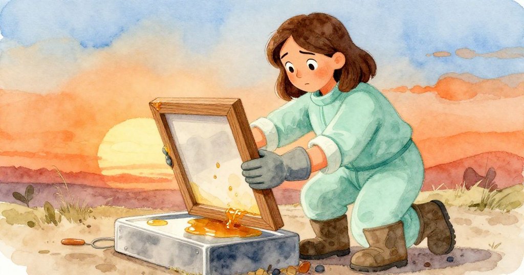 Alma專注將木框放入金屬架中，金屬反射出她認真的臉龐和緩流蜂蜜，夕陽光芒增添溫馨氛圍