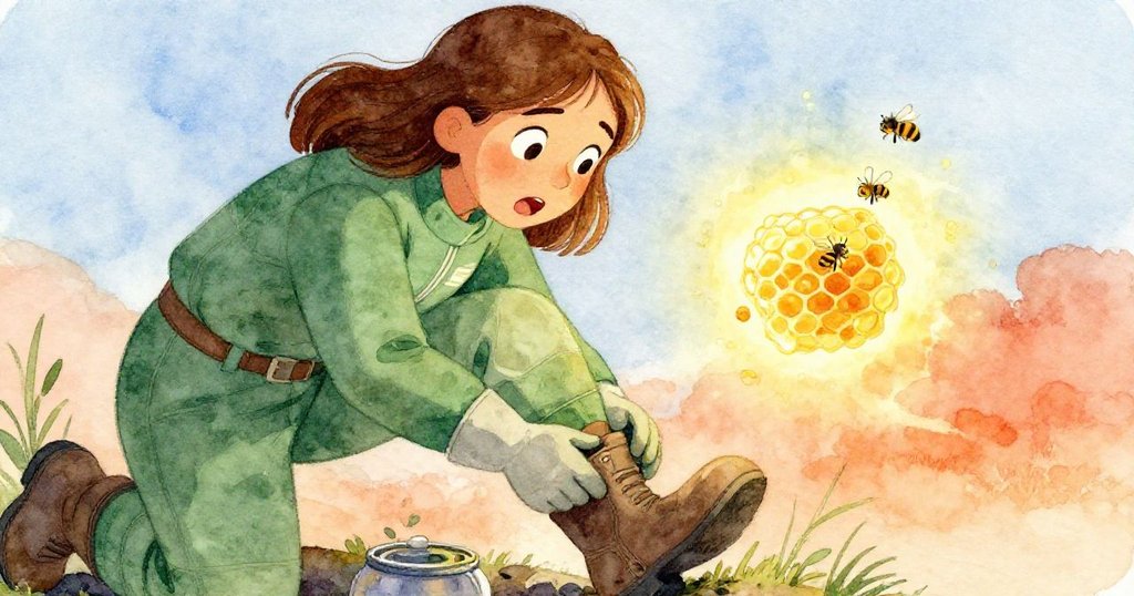 Alma用靴子穩住罐子，驚喜發現未封蜂巢角散發柔光，蜜蜂盤旋其旁，眼神充滿驚奇