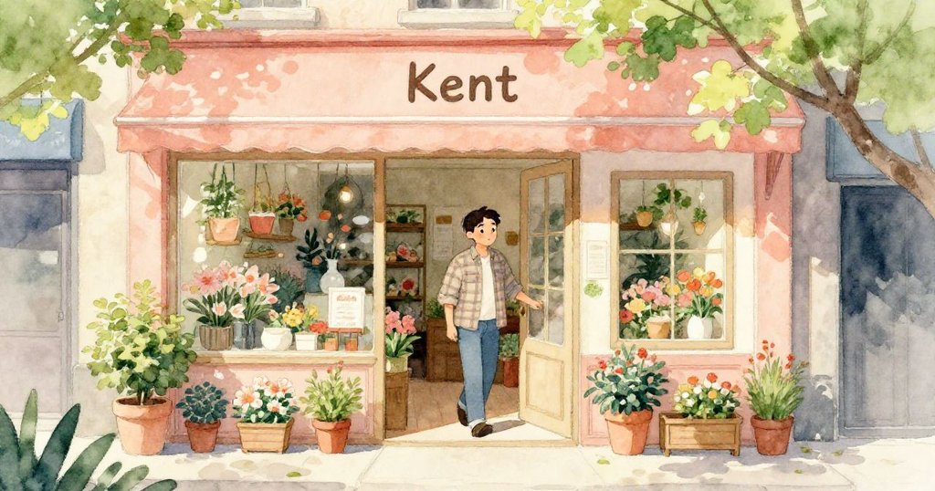 肯特在柔和晨光中走向小花店，臉上滿含期待與溫柔，背景是溫暖的晨曦與樸素街景。