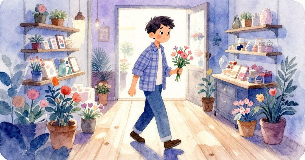 肯特在花店內的木質地板上，小心地抱著花束前行，神情專注，環境充滿柔和陰影與淡紫光。