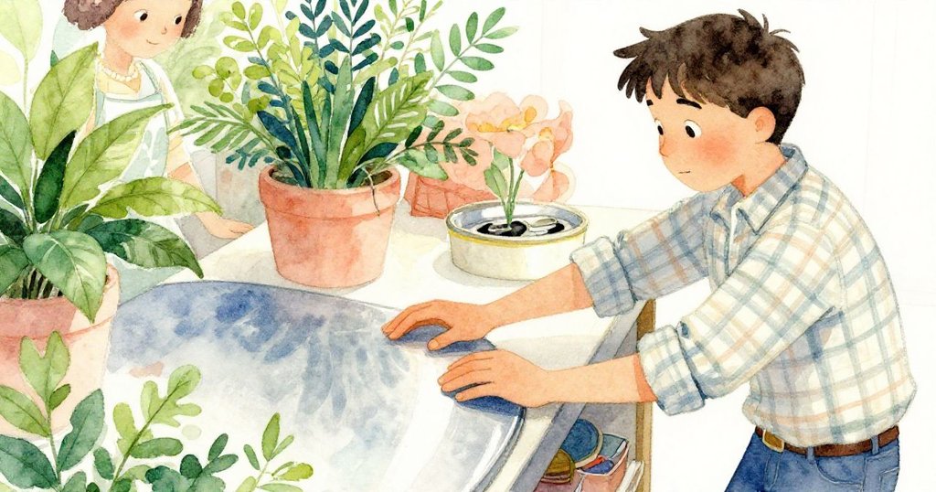 肯特在包裝台前，專注地用手指敲擊金屬表面，細膩的光影突顯他認真的神情與包裝線索。